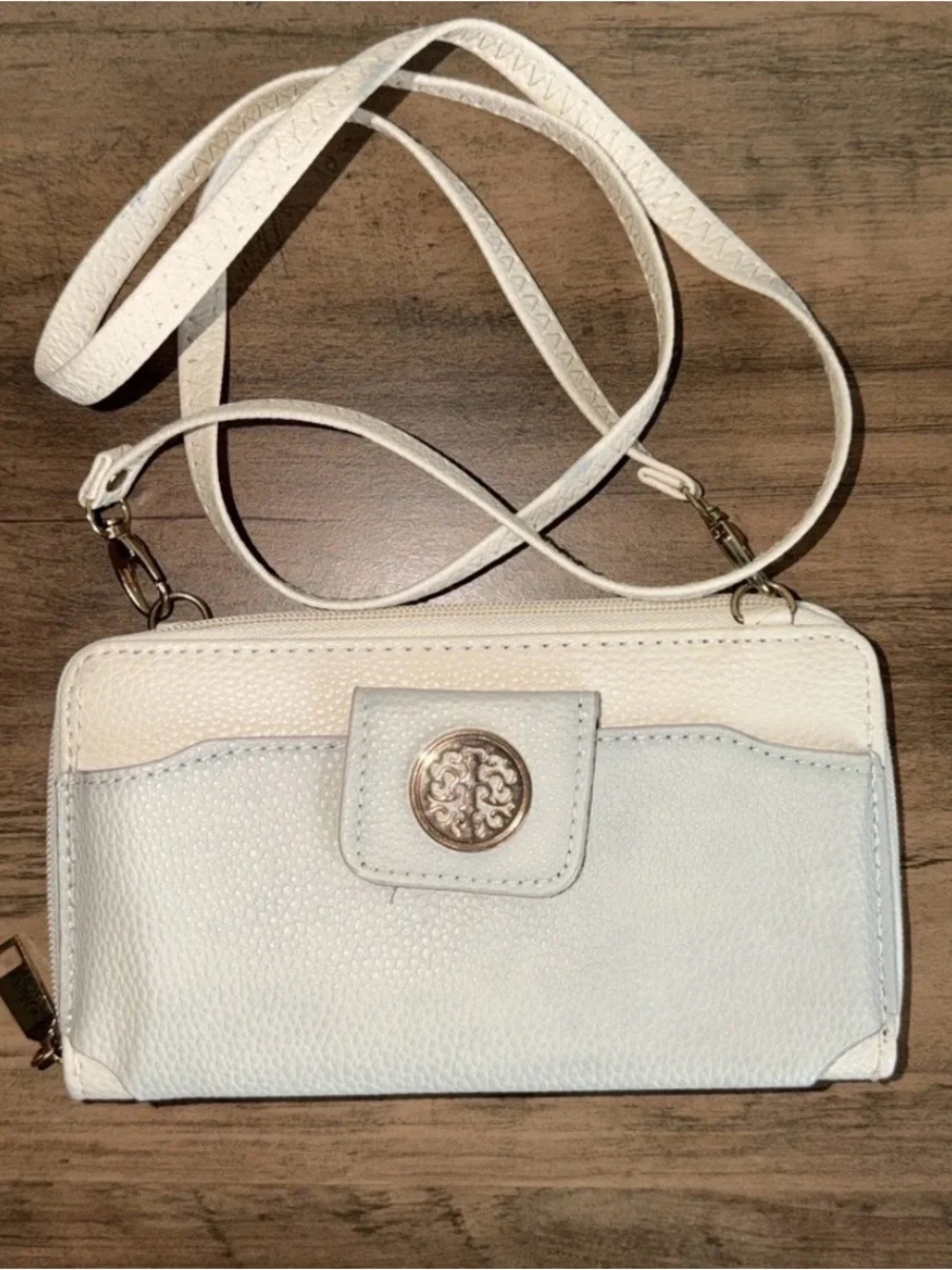 Cream Pebbled Leather Crossbody Bag with Gold Accent